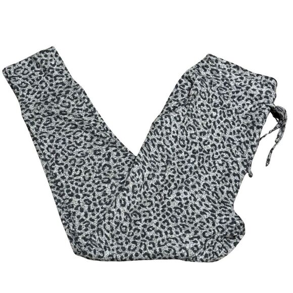 BOBEAU White Snow Leopard Soft Knit Drawstring Joggers Pockets Gray Black Small - Picture 3 of 7